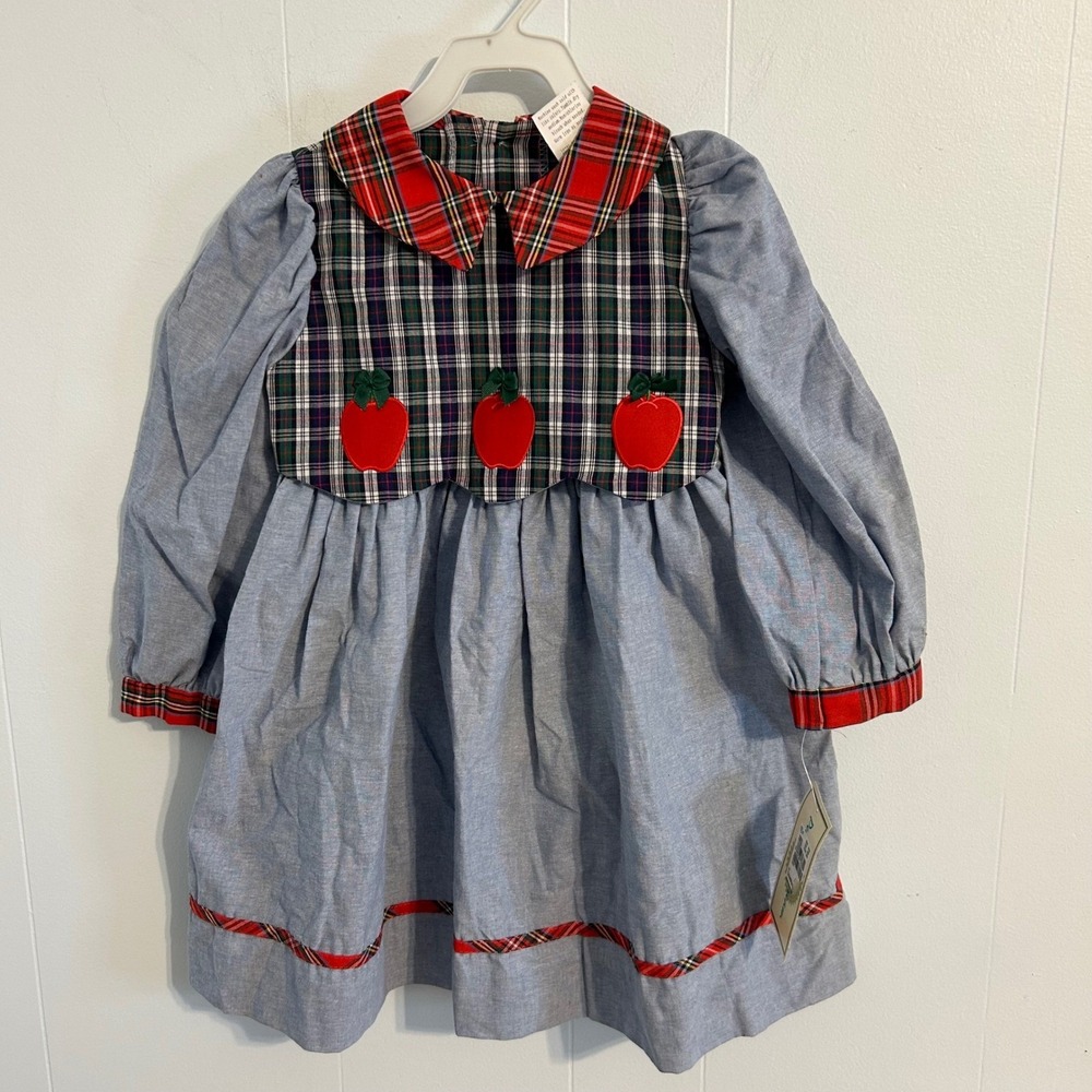 Peaches n Cream Girls Vintage Apple Plaid Chambray Dress Size 4 Made in USA NEW